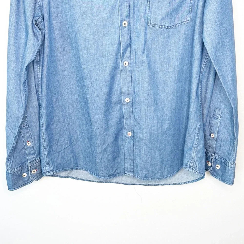 Johnston & Murphy Mens Medium Blue Chambray Stretch Button Down Long Sleeve